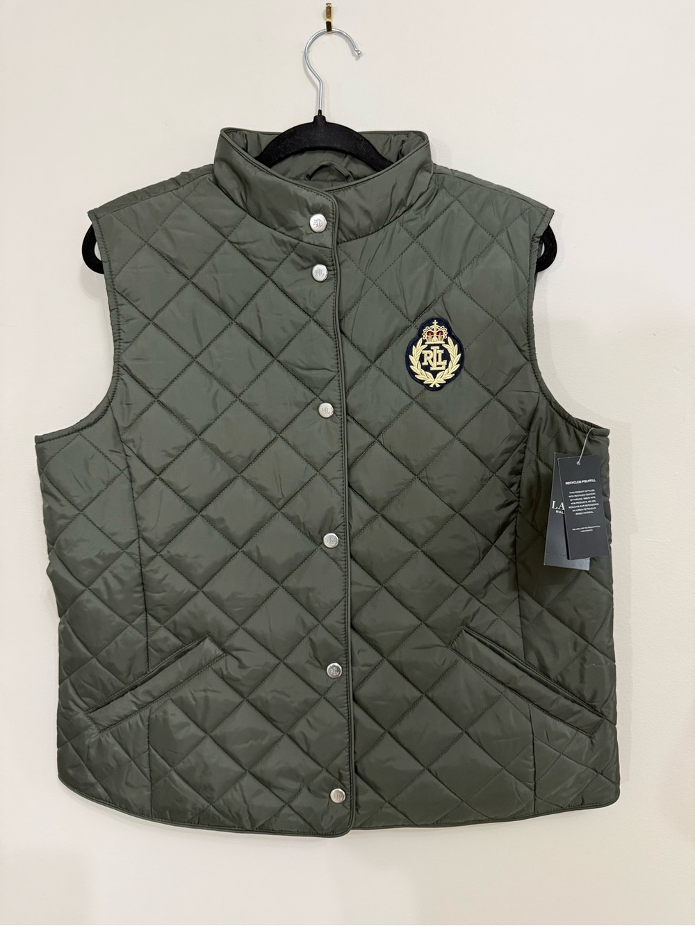 Ralph Lauren NWT Women’s Large Vest Crest-Patch Diamond Quilted Olive Green